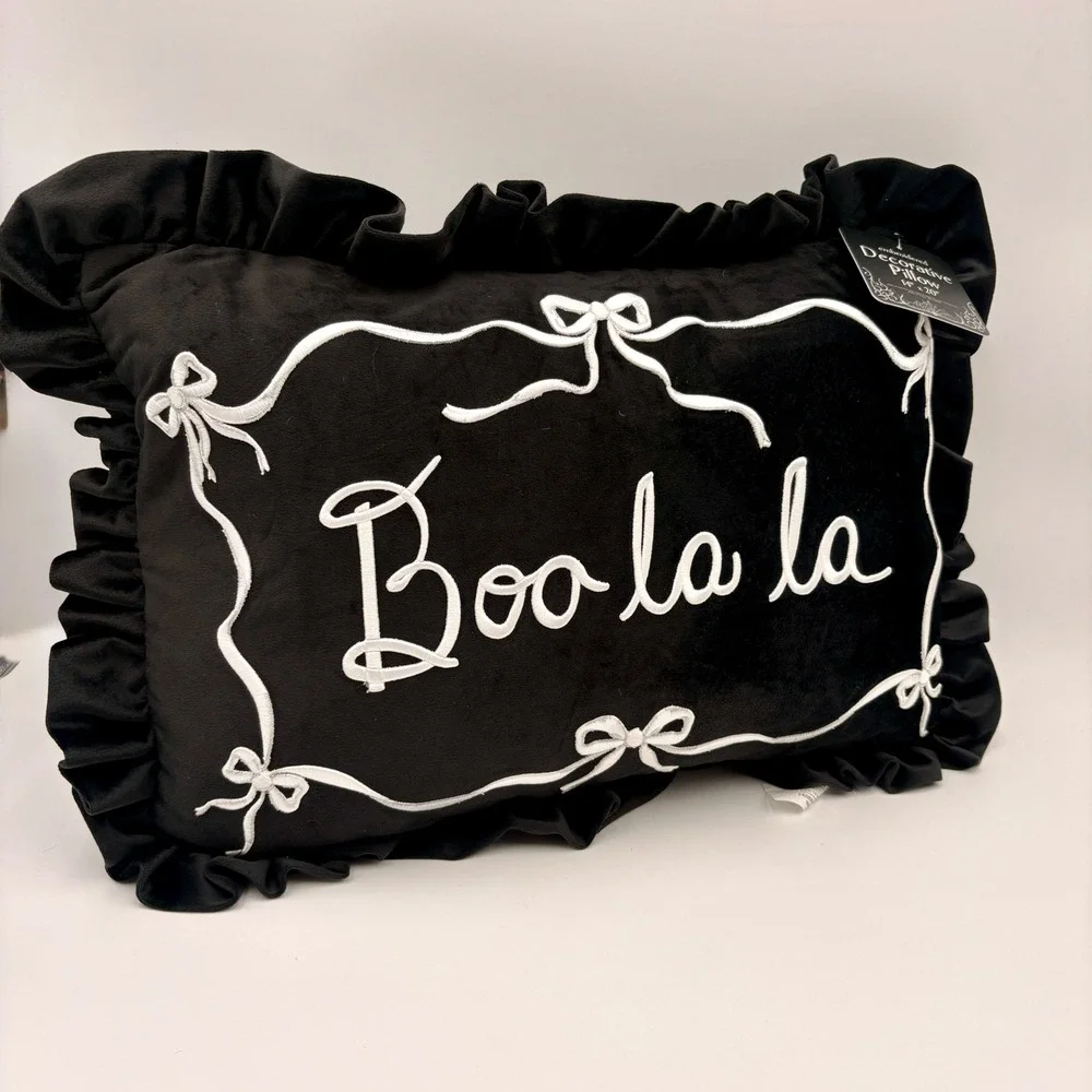 Sleep Pretty Stay Spooky Boo La La Black Velvet Ruffle Pillow 14x20 Halloween